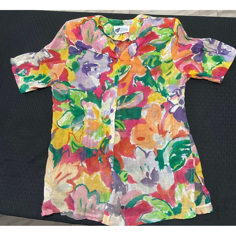 Top Notch Vintage Floral Cotton Blouse Short Sleeve Button Front Multi Color M